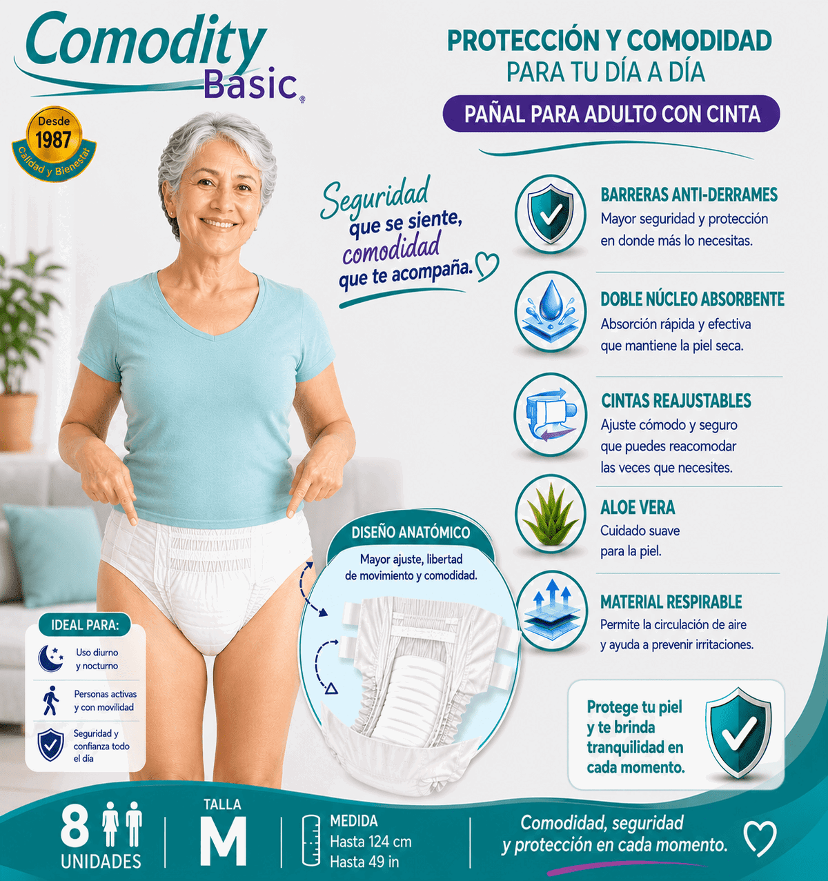 Pañales para Adulto Comodity Basic – Talla M – 8 Unidades