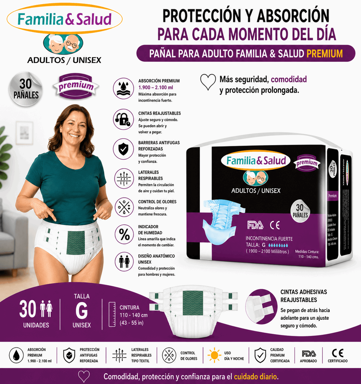 Pañales para Adulto Familia Salud Premium – Talla L/G – 30 Unidades