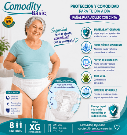 Pañales para Adulto Comodity Basic – Talla XG – 8 Unidades