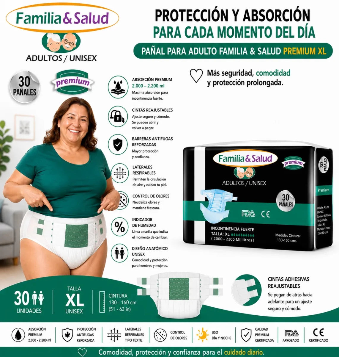 Pañales adulto Premium Familia Salud – Detalle cintas y ajuste anatómico