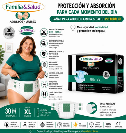 Pañales adulto Premium Familia Salud – Detalle cintas y ajuste anatómico