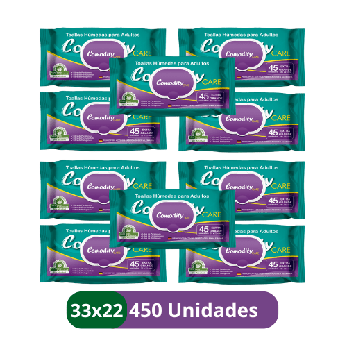 Toallas Húmedas para Adulto Extra Grande Comodity Care 33x22cm – 450 Unidades - 10 Paquetes - 1 Caja