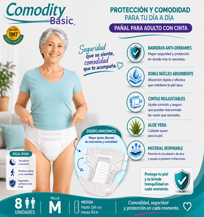 Pañales para Adulto Comodity Basic – Talla M – 8 Unidades