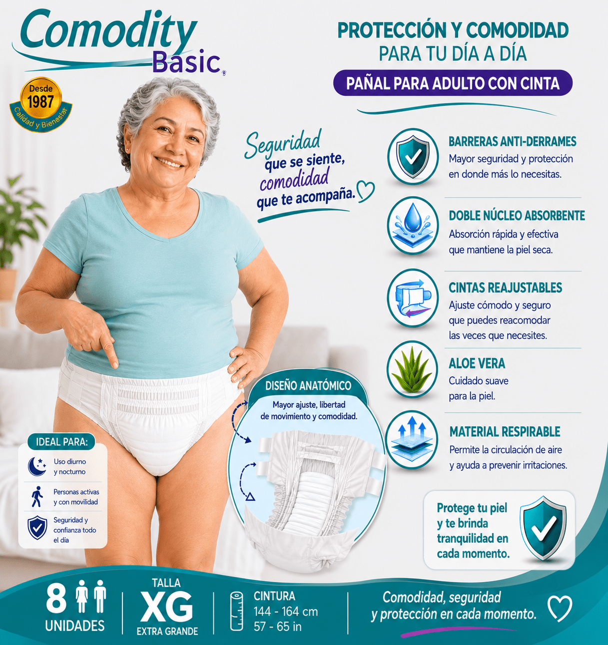 Pañales para Adulto Comodity Basic – Talla XG – 8 Unidades