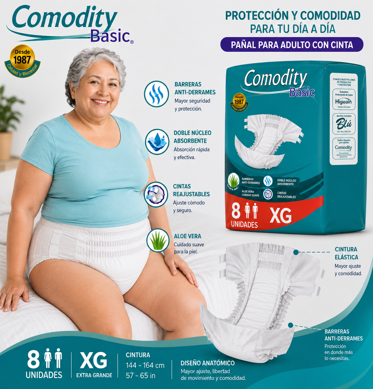 Pañales para Adulto Comodity Basic – Talla XG – 8 Unidades