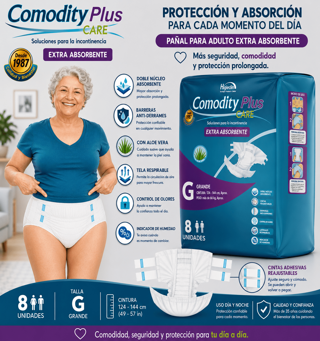 Pañales para Adulto Comodity Plus – Talla G – 8 Unidades