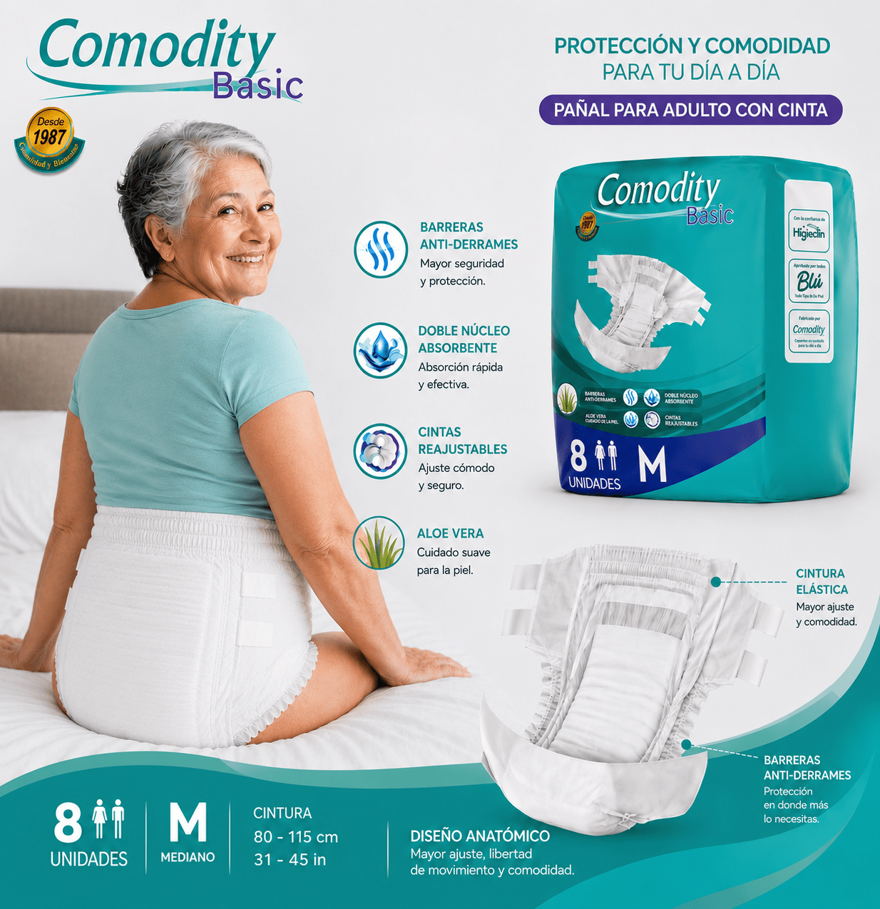 Pañales para Adulto Comodity Basic – Talla M – 8 Unidades